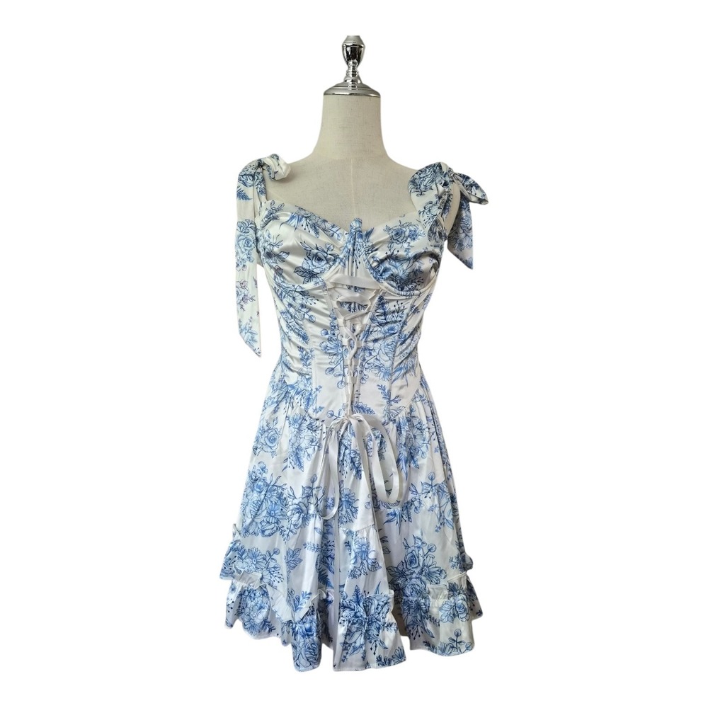 Sugar Thrillz Blue White Floral Corset Mini Dress Cottagecore Coquette Fairycore